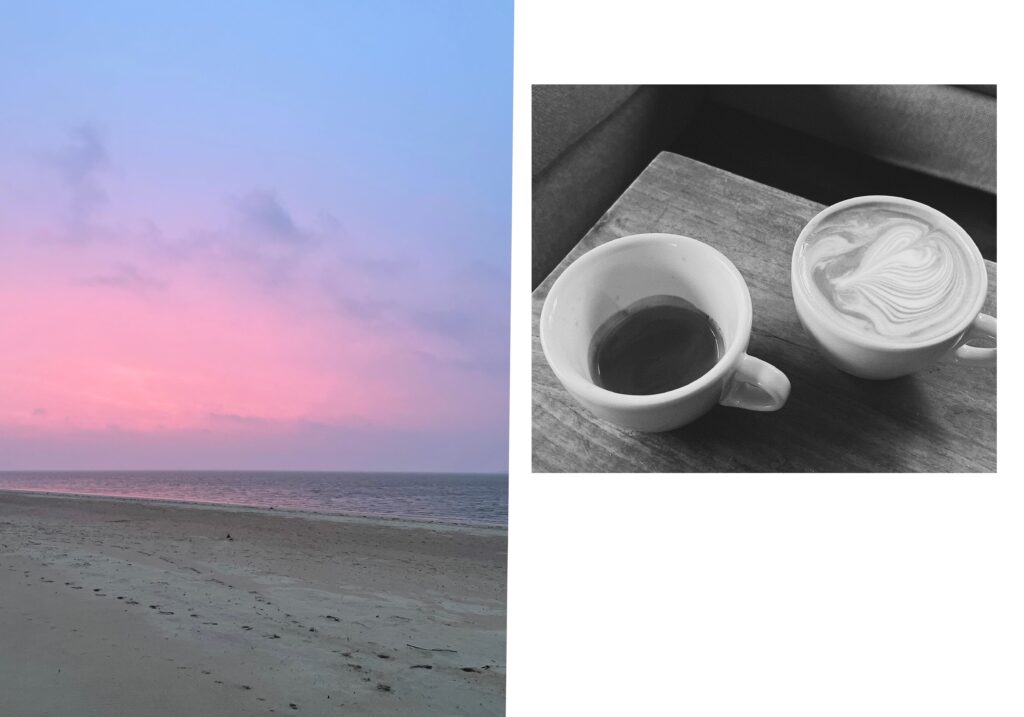 Links: Rosa leuchtender Morgenhimmel am Strand / Rechts: Schwarzweißbild von zwei Tassen Kaffee mit Föhrer Espresso und Flat White der Kaffeerösterei Karuso
